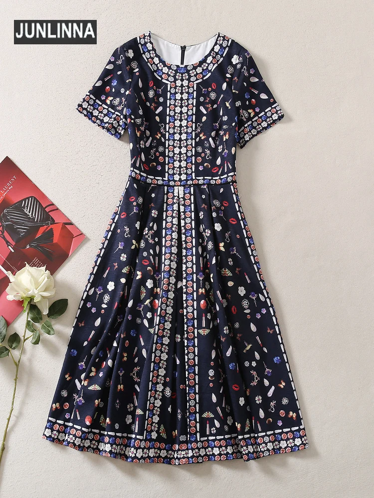 

Женское платье с коротким рукавом JUNLINNA, винтажное приталенное платье с геометрическим принтом и круглым вырезом, лето 2022