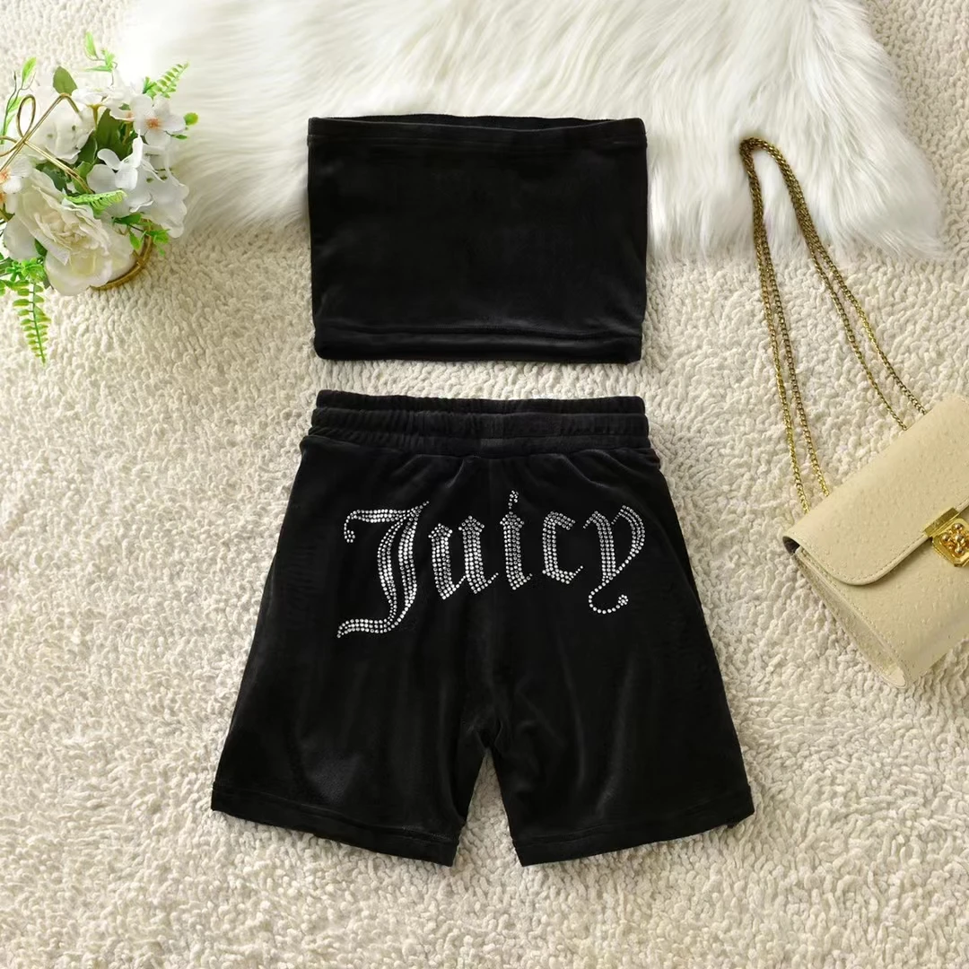 Juicy Coutoure Summer Chest Wrap Suit Sexy Bra Trousers 2 Pieces Solid Color Letters Juicy Rhinestone Velvet Home Sports 2Pc
