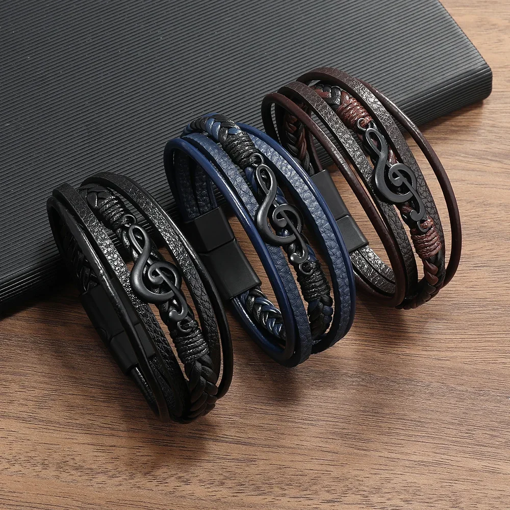 Фото Мужские браслеты Pulsera Hombre в стиле ретро, простые кожаные Многослойные браслеты с музыкальным символом и магнитной застежкой, ювелирные изделия №1