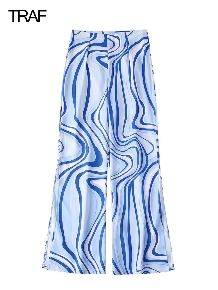 

Женские брюки с высокой талией и широкими штанинами, летние синие брюки с расклешенным Боковым Разрезом, 2022