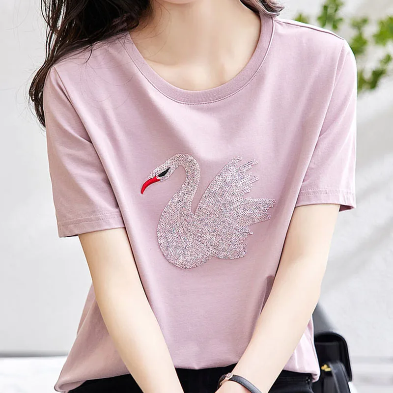 

Korean Fashion Woman Clothes 2023 Summer Sequin T Shirt Women Casual Short Sleeve Tshirts Female O Neck Pink Top Tee Shirt Femme