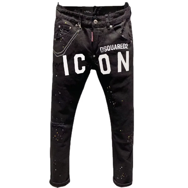 

Dsquared2 Brand Classic Mens Black Jeans Mens Street Hole Hip Hop Punk Skinny Denim Pants DSQ Print Casual Slim D2 Denim Trouser