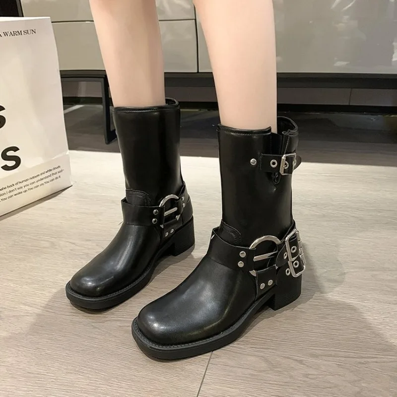 

2023 Autumn Winter New Women Knee Length Boots Platform Warm Boots Thick with Trend Buckle Square Head Women's Fashion Boots