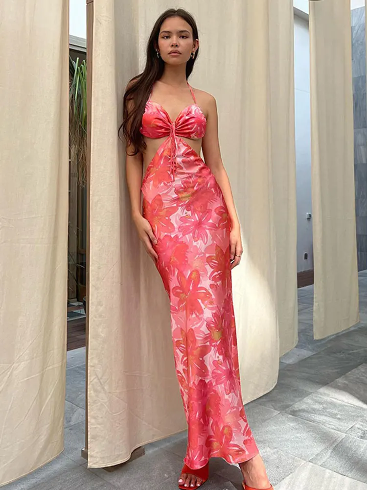 

Платье Вечерние ское вечернее с лямкой на шее, пикантное ажурное Макси-Платье с принтом и открытой спиной, Бандажное, на лето