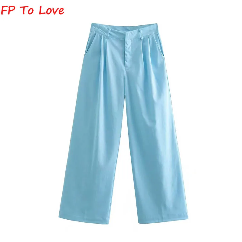 

2022 Summer Women's Sky Blue Linen Casual Wide Leg Pants Elegant Chic High Waist Straight Pants Fp To Love