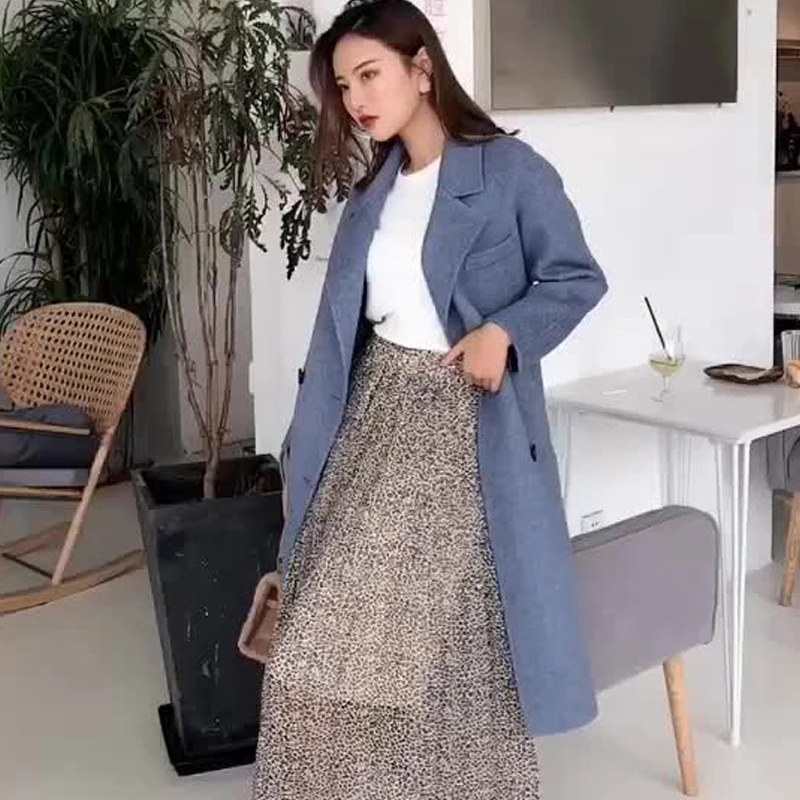 

Simple Haze Blue Solid Double Faced Cashmere Coat Women Fall Winter 2020 Fashion Double Breasted Woolen Jacket Slim Fit Blends