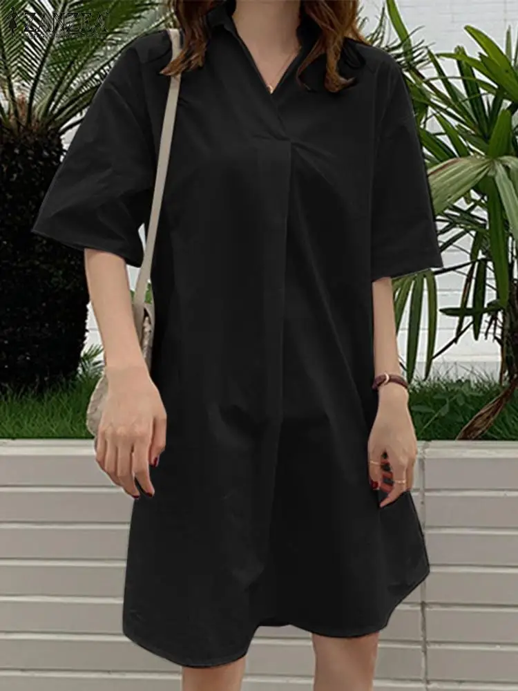 

Женское летнее мешковатое платье ZANZEA, однотонное тонкое платье с отложным воротником и рукавом до локтя, элегантный повседневный праздничн...