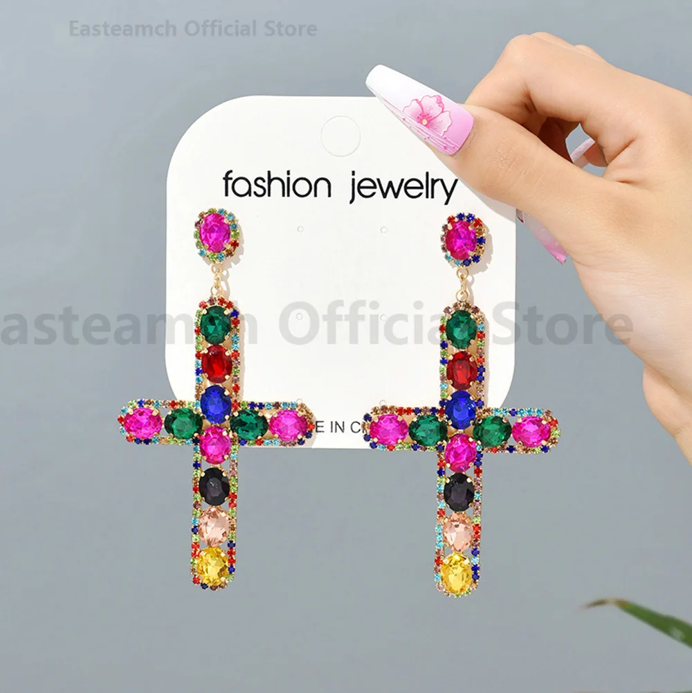 

Cross Big Dangle Earrings For Women Luxury Design Vintage Boho Colorful Crystal Party Pendant Jewelry Ear Accessories Brincos