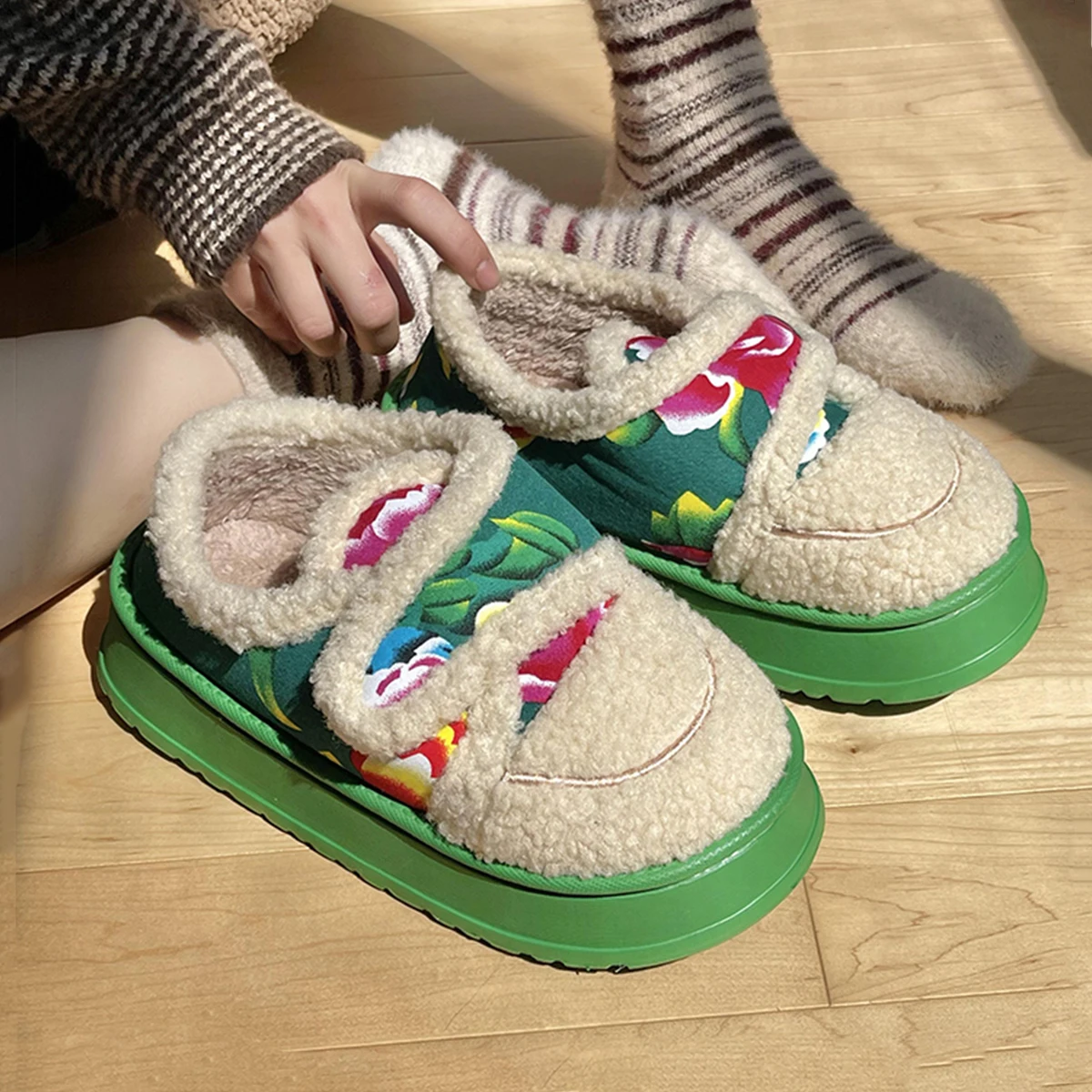 Женские ботинки с закрытым носком Mo Dou теплые плюшевые тапочки мягкая толстая