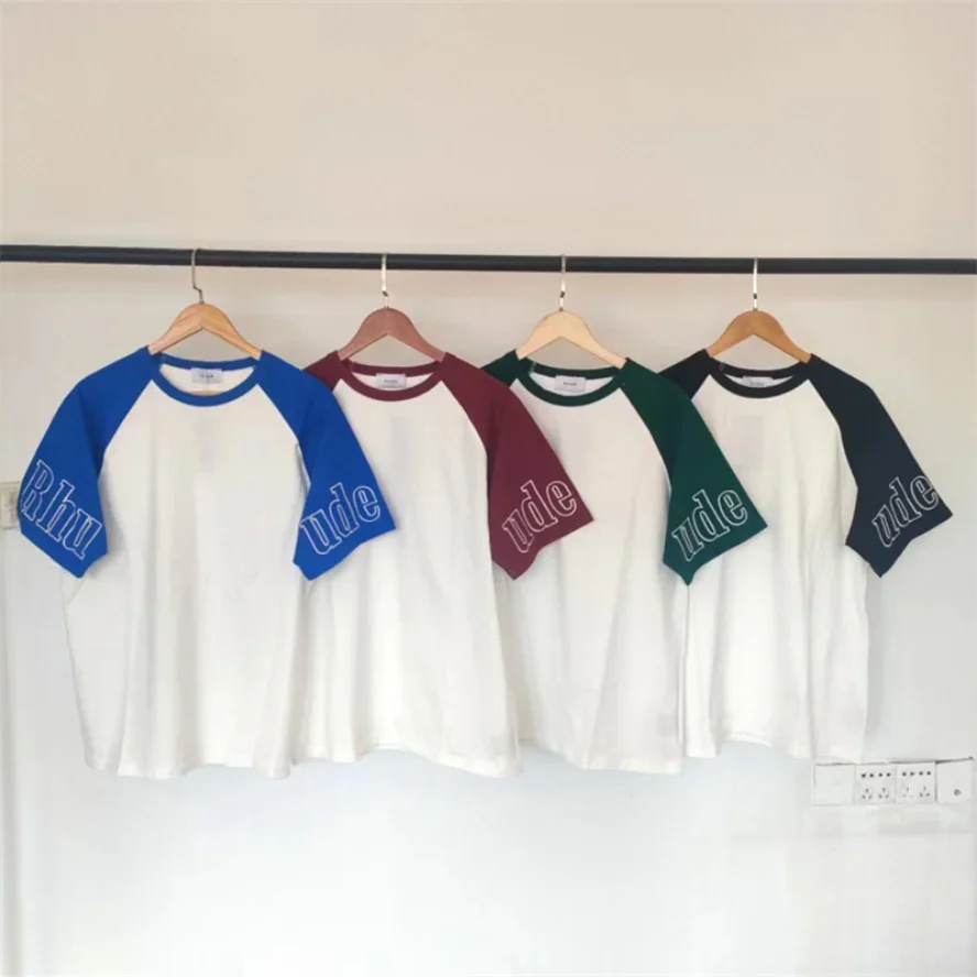 

Летняя футболка реглан от ревеня, модная Высококачественная Мужская и женская футболка с вышивкой на рукавах, черная рубашка ревеня, футболки с коротким рукавом kanye