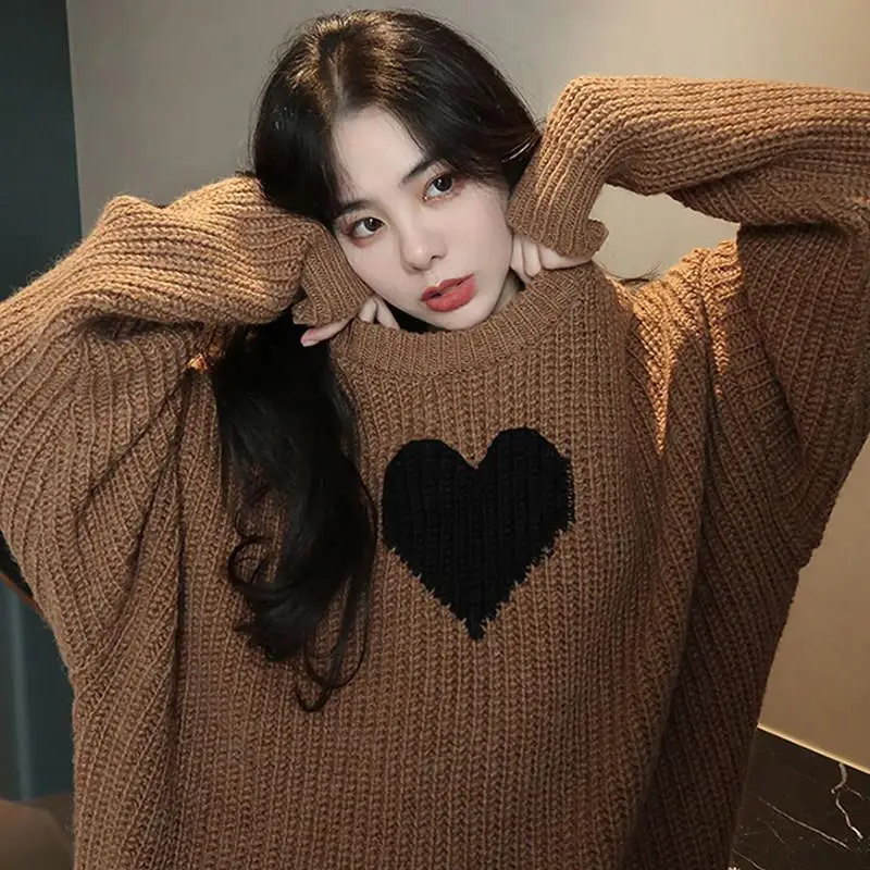 

Женский вязаный свитер с круглым вырезом, Повседневный пуловер свободного покроя с длинным рукавом и винтажным принтом, модель P755 в Корейск...