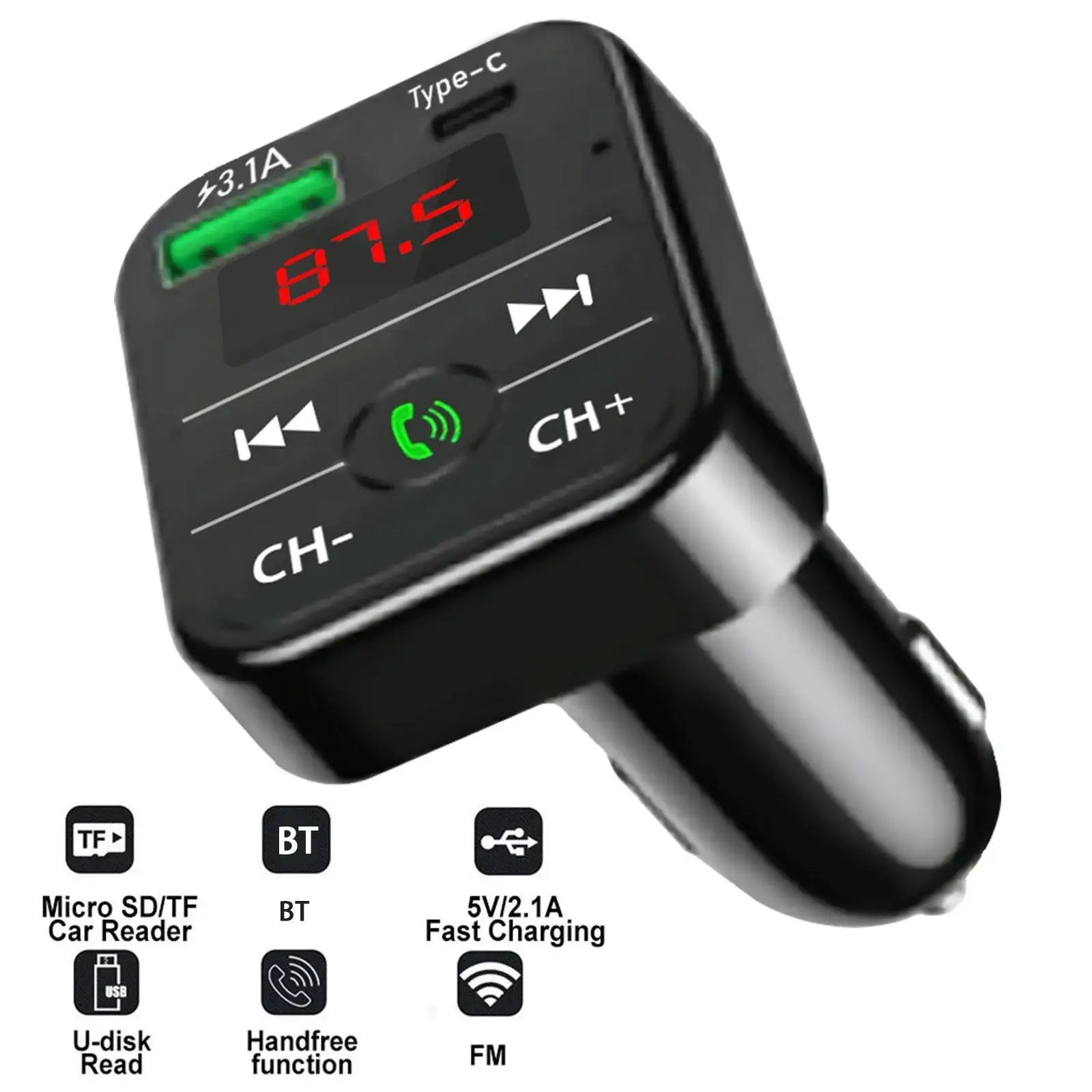 

Bluetooth 5.0 Car FM Transmitter Wireless Handsfree Audio Receiver Auto MP3 Player 2.1A USB Type C Fast Charger Car Accessories