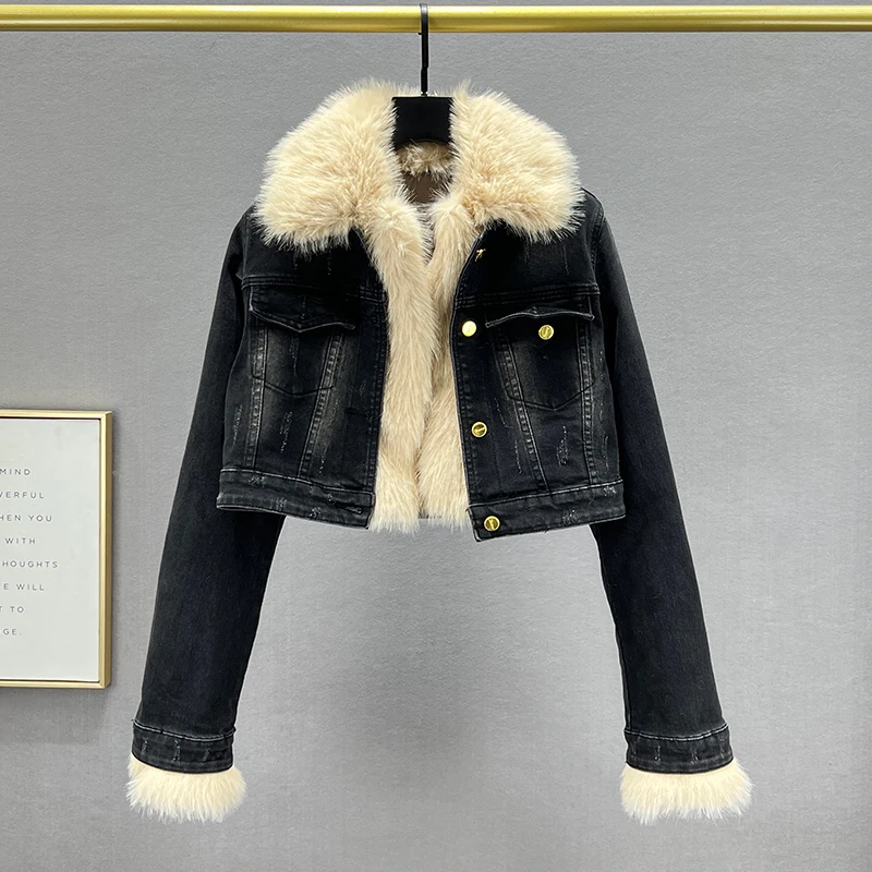 

Джинсовая куртка с большим меховым воротником для женщин, новинка 2022, зимние толстые стеганые джинсовые куртки с хлопковой подкладкой, утеп...