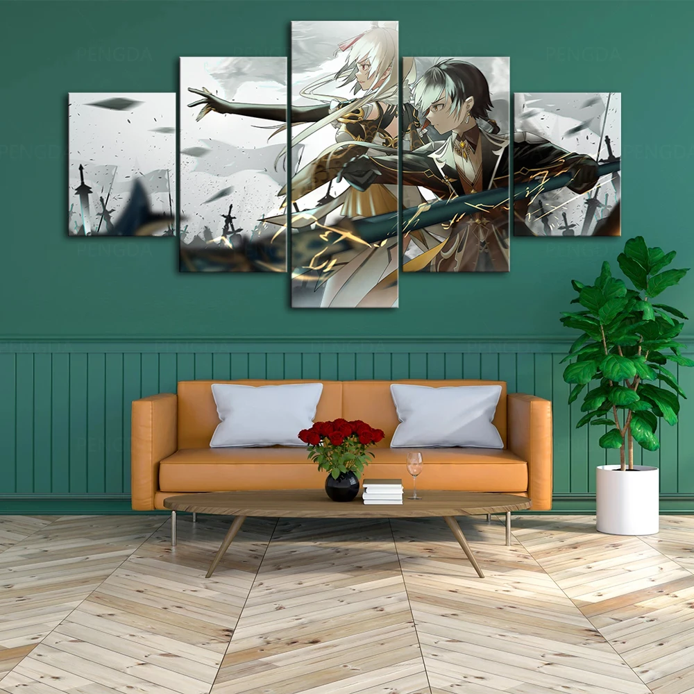 

Home Decor 5 Pcs Canvas Pictures Genshin Impact Wall Art Paintings Adventure Game Prints Modern Modular Poster Living Room Frame