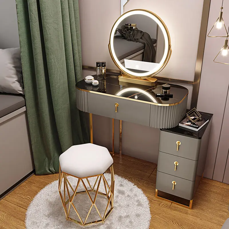 

Nordic Makeup Vanity Furniture Coiffeuse Tocador Vanity Dressers Dressing Table Storage Bedroom LED Mirror Table Small Apartment