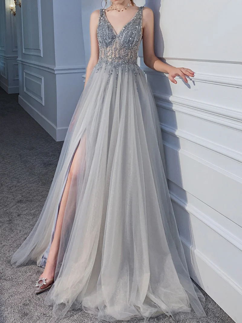 

Elegant Sexy Spaghetti Straps Evening Dresses V-Neck Rhinestones Beading Formal Prom Gowns Slim Waist Slipt Quinceanera Dresses
