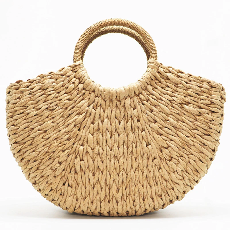 

Summer HandmadeBeach Weaving Bag Women Moon Shaped Bag Pompon Ladies Paper Straw Bag Wrapped Beach Bag Bolsas Femininas