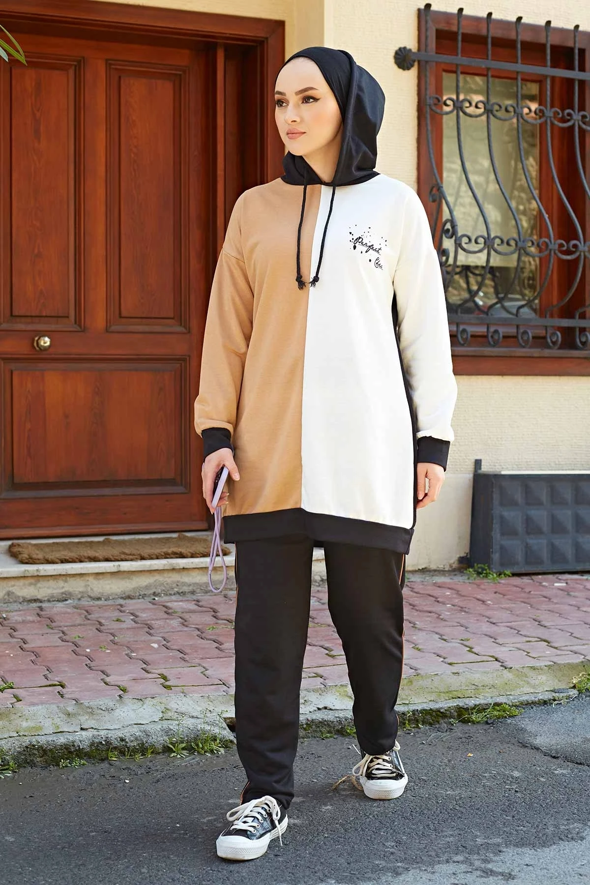 Double Color Hooded Sports Suit NS-White-Coffee