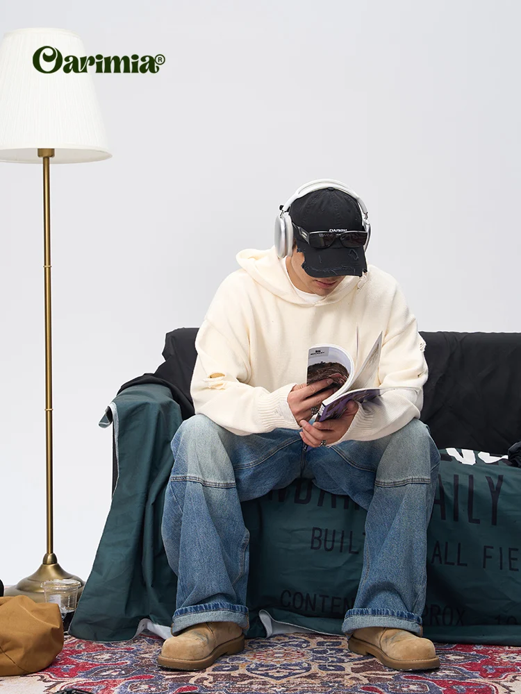 Oarimia24aw Japan fashion Retro Ripped Design Hood Knit Trendy All-Matching Outerwear Men and Women