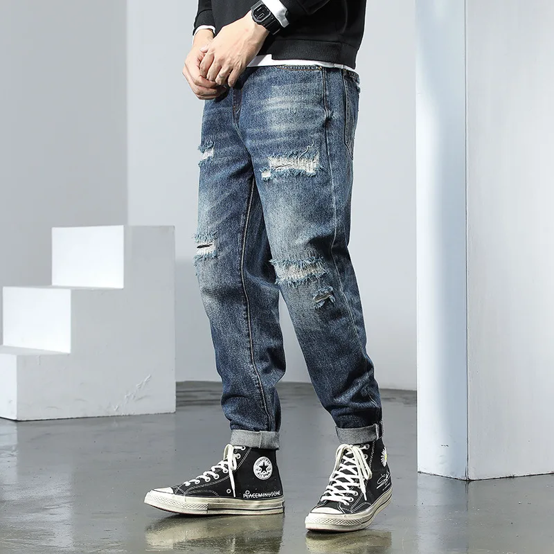 

Men Autumn Winter Ripped Hole Jeans Long Daily Blue Classic Streetwear Hot Fashion Male Brand Pants