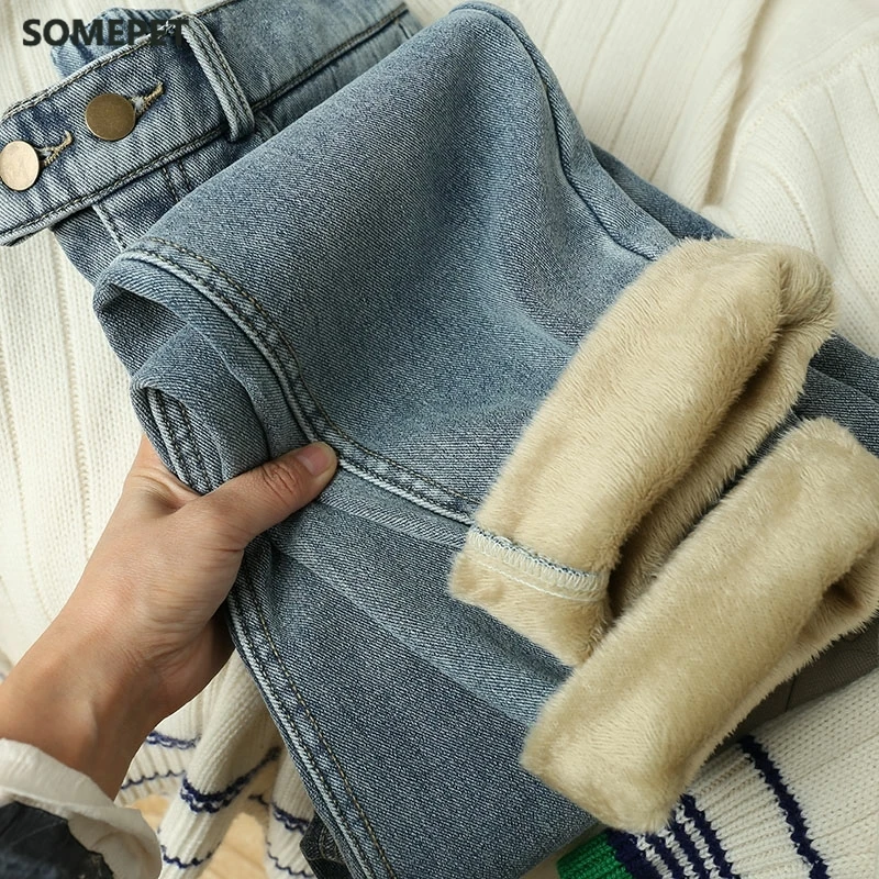Джинсы женские зимние с высокой талией мягкие свободные брюки из денима уличная