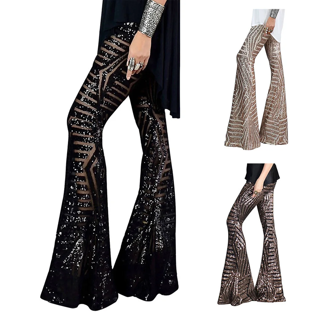 

2022 Elegant Lady Glitter High Waist Wide Leg Sequin Pants Women Bling Length Sparkling Flared Trousers Party Clubwear Champagne