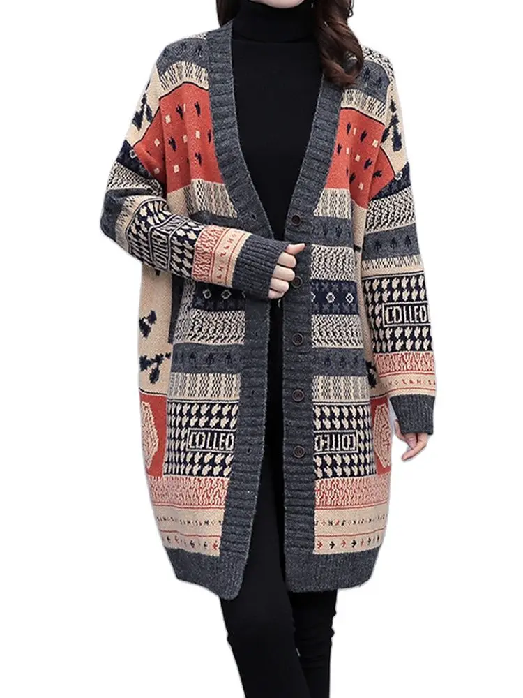 

L-5Xl Casual Knitted Cardigan Vintage Print Loose Sweater Coat Medium Length 2022 Autumn New Fashion Women'S Clothing