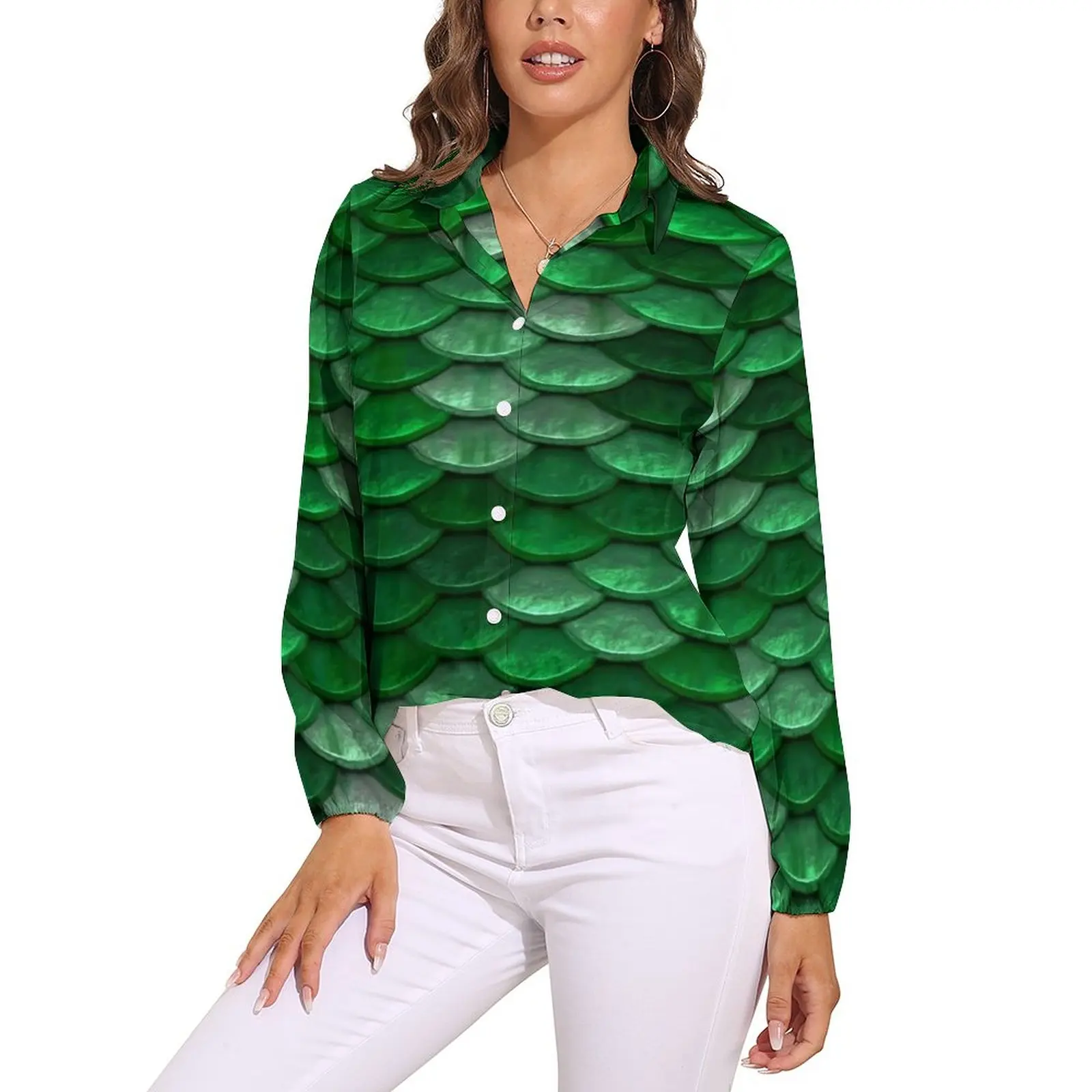 

Colorful Metallic Blouse Women Green Scales Print Korean Fashion Loose Blouses Long Sleeve Trendy Shirts Print Tops Plus Size