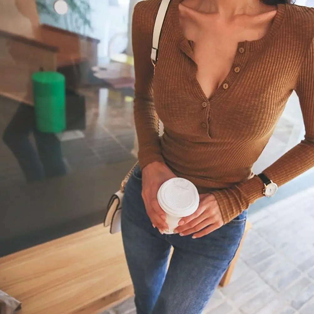 

Женская трикотажная футболка с длинным рукавом, V-образным вырезом