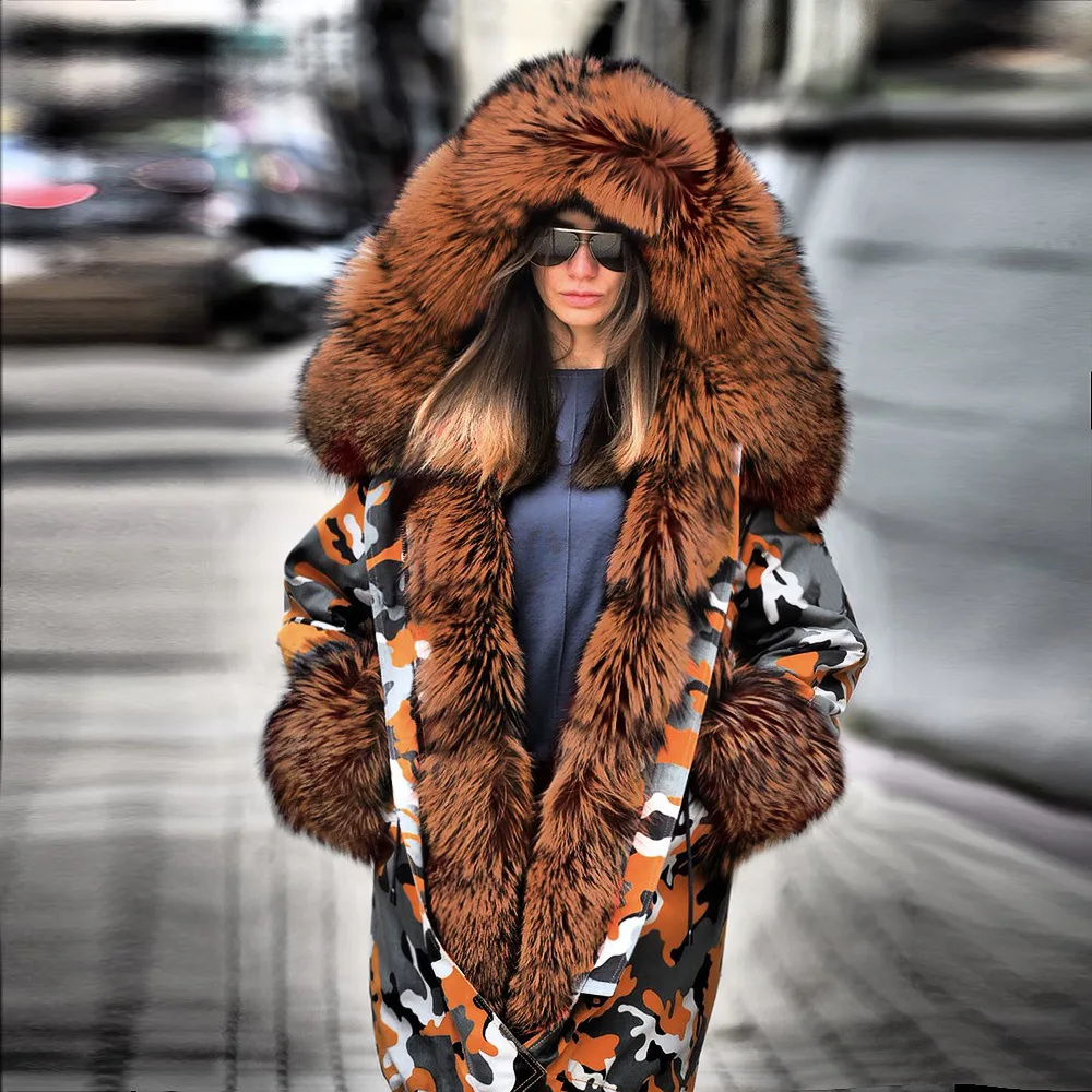 High Quality Winter Jacket Ladies Faux Fur Collar Hooded Long Padded Jacket Coat Warm and Thick Coat Women Fashion Print Parker