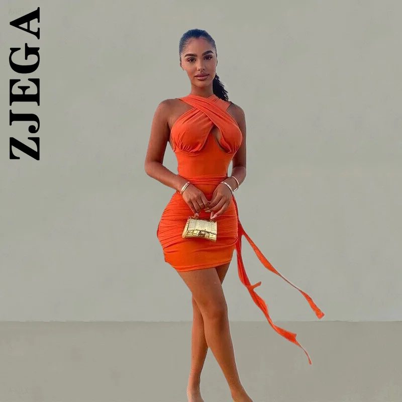 

Zjega New Dress Women Basic Bandage Ruched Outfits Sleeveless Bodycon Halter Party Dresses Temperament Clothing Vestidos Female