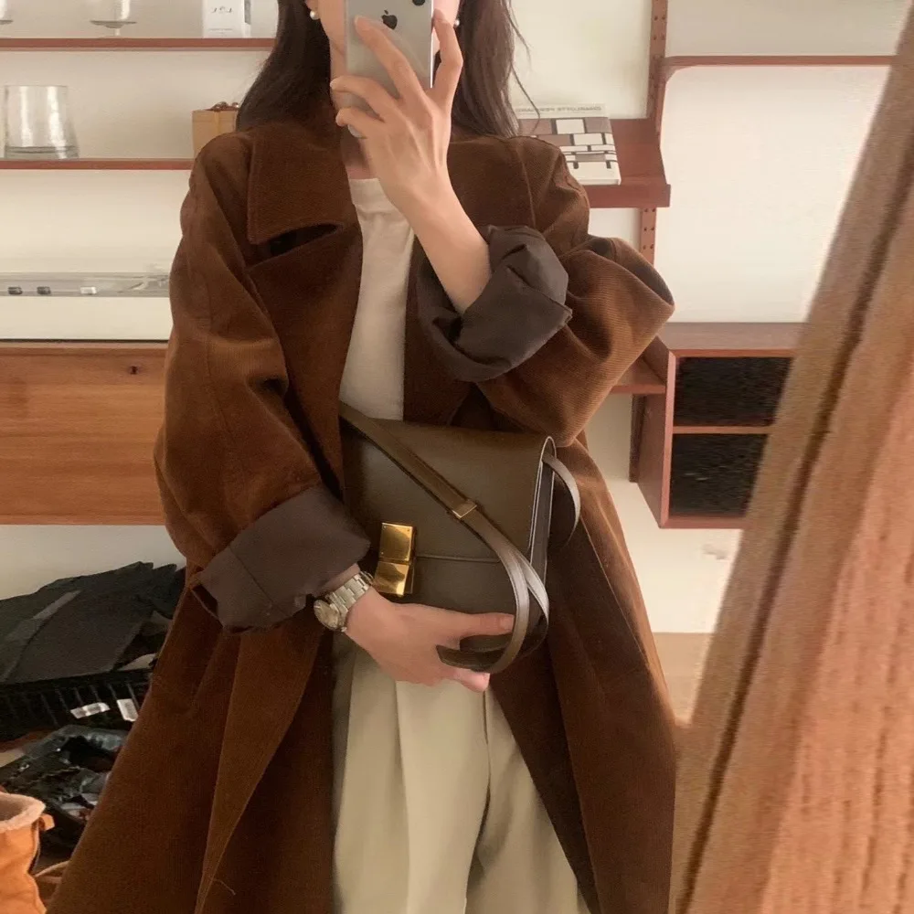 Осень-зима женский винтажный вельветовый длинный свободный плащ куртка