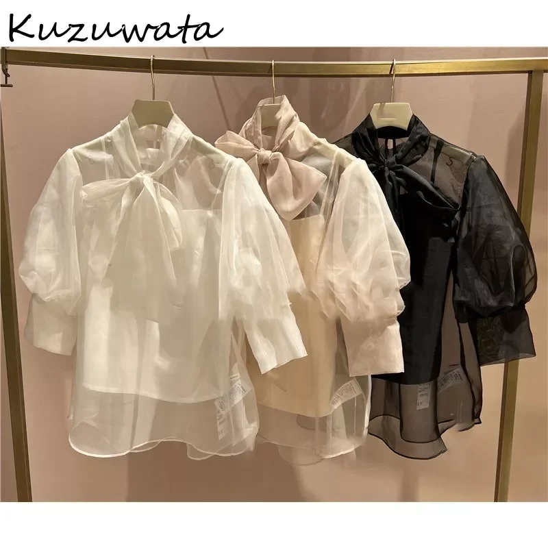 

Kuzuwata Japanese Design Ladies Blusas 2022 Spring New Women Blouses Big Bowknot Small Stand Collar Three Quarter Sleeves Shirt