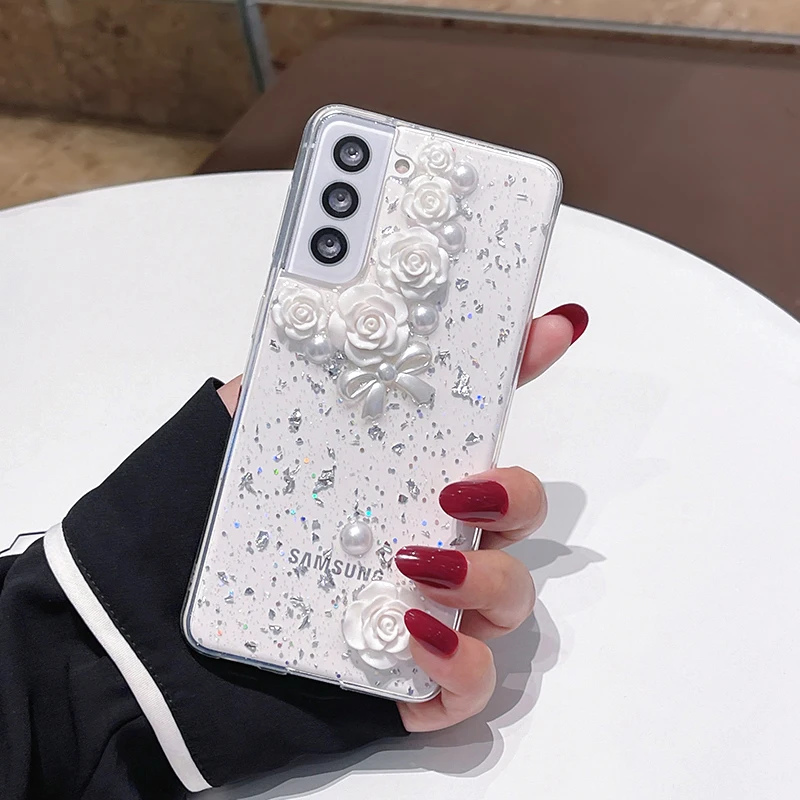 

Милый Блестящий Прозрачный чехол для телефона из оловянной фольги с блестками и 3D розой жемчугом для Samsung Galaxy S22 Ultra S21 Plus S20 FE, мягкая задняя к...