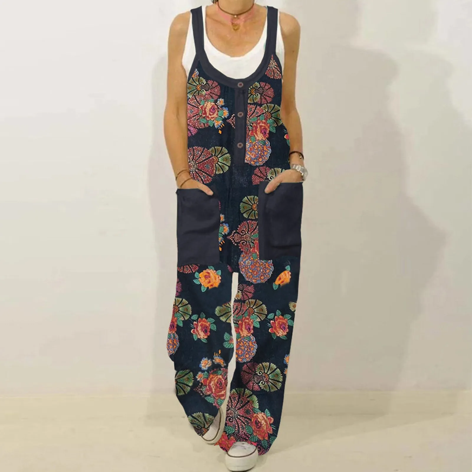 

Womens Jumpsuit Vintage Floral Print Straps O Neck Pockets Wide Leg Harajuku Summer Sexy Sleeveless Spaghetti Strap Long Rompers
