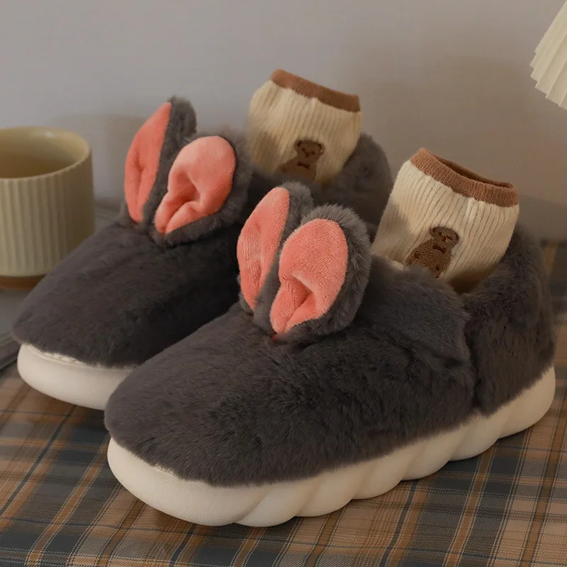 Cute Rabbit Cotton Slippers Woman Cute Cartoon Plush Shoes Slides Winter Indoor Warm Fluffy Platform Female Home Cotton Slipper