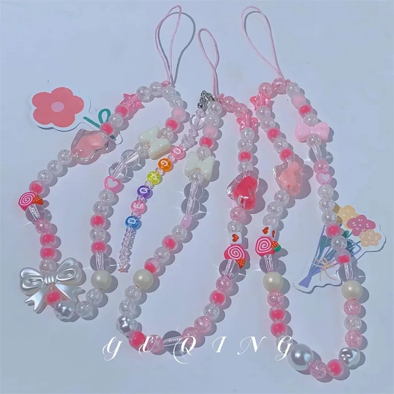 Resin Bow Heart Shaped Geometric Acrylic Beaded Ins Style Pink Bracelet Anti-Lost Lanyard Ladies Mobile Phone Chain Accessories