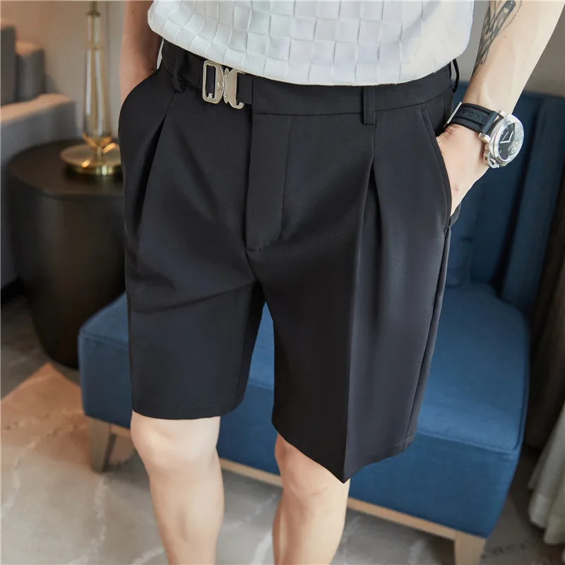 

2022 Summer Fashion Belt Men Shorts Casual Business Dress Pants Office Social Slim Fit Suit Pants Streetwearfive-point Pants