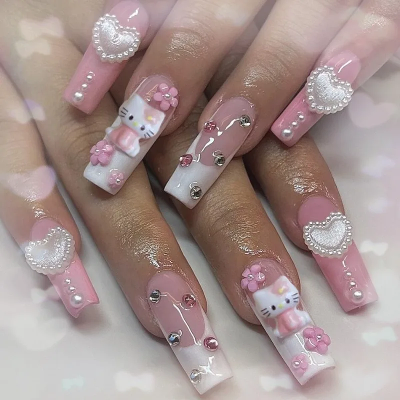 Sanrio Hello Kitty накладные ногти мультфильм аниме милый KT Cat Love цветок пресс на ногтях