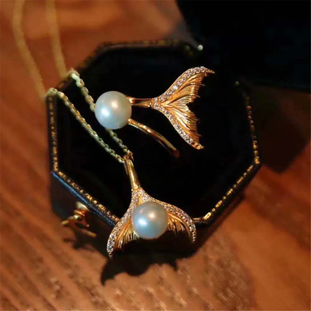 

DIY pearl accessories set 925 silver fishtail pendant ring holder pearl shaped manual accessories empty holder