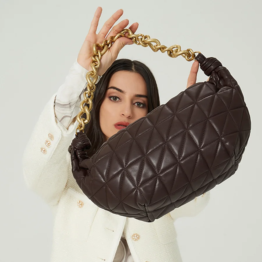 

Fashion Thick Chain Handbag Women Rhombic Lattice PU Shoulder Bag Solid Hobos Bags Ladies High Quality Handle Bags Purses Ins