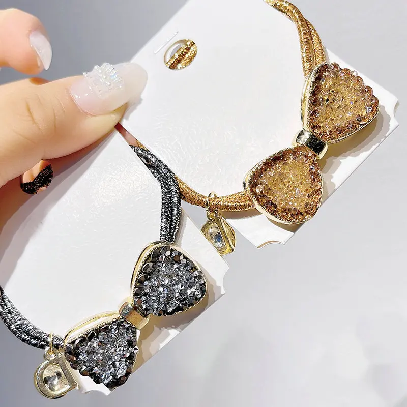 

Fashion Crystal Rhinestone Bow Hair Rope Female Rough Tie Ponytail Ins Hair Ring Net Red Tie Simple Hair Rope