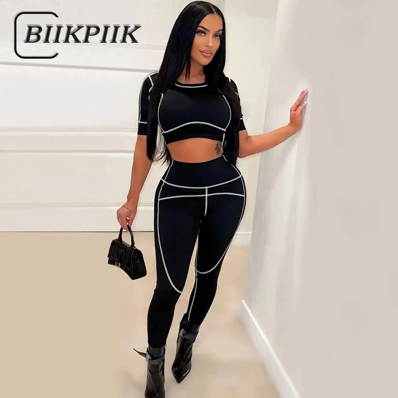 

Женский спортивный костюм BIIKPIIK, повседневный комплект из двух предметов, укороченный топ с коротким рукавом и леггинсы для фитнеса