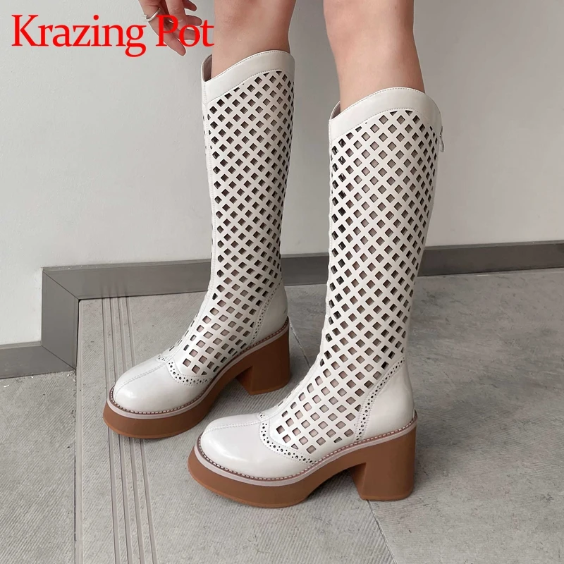 

Krazing Pot genuine leather round toe super high heels summer boots hallow out breathable sun protection thigh high boots L15