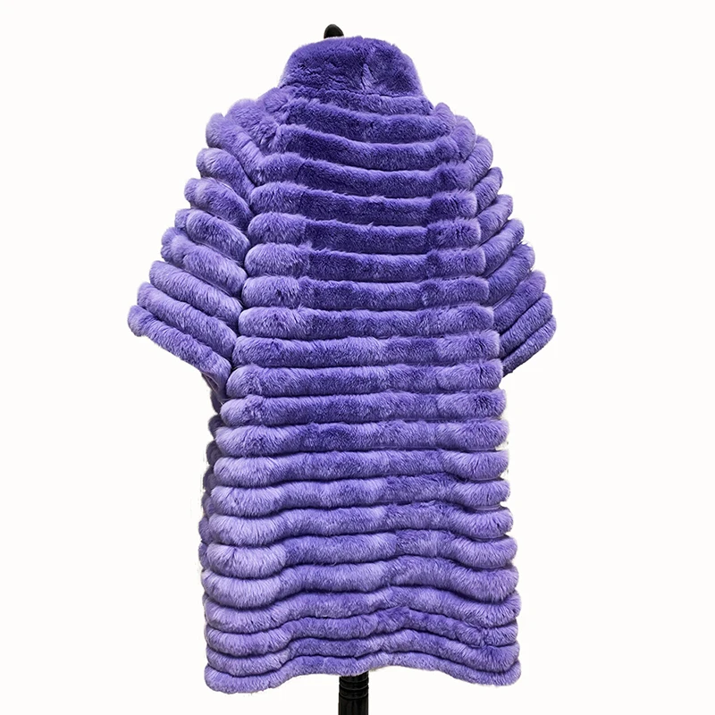 Purple Short Sleeve Rex Rabbit Fur Coat Women Luxury Fashion Loose Outertwear 2022 New Strip Sewed Real Fur Jacket Female enlarge