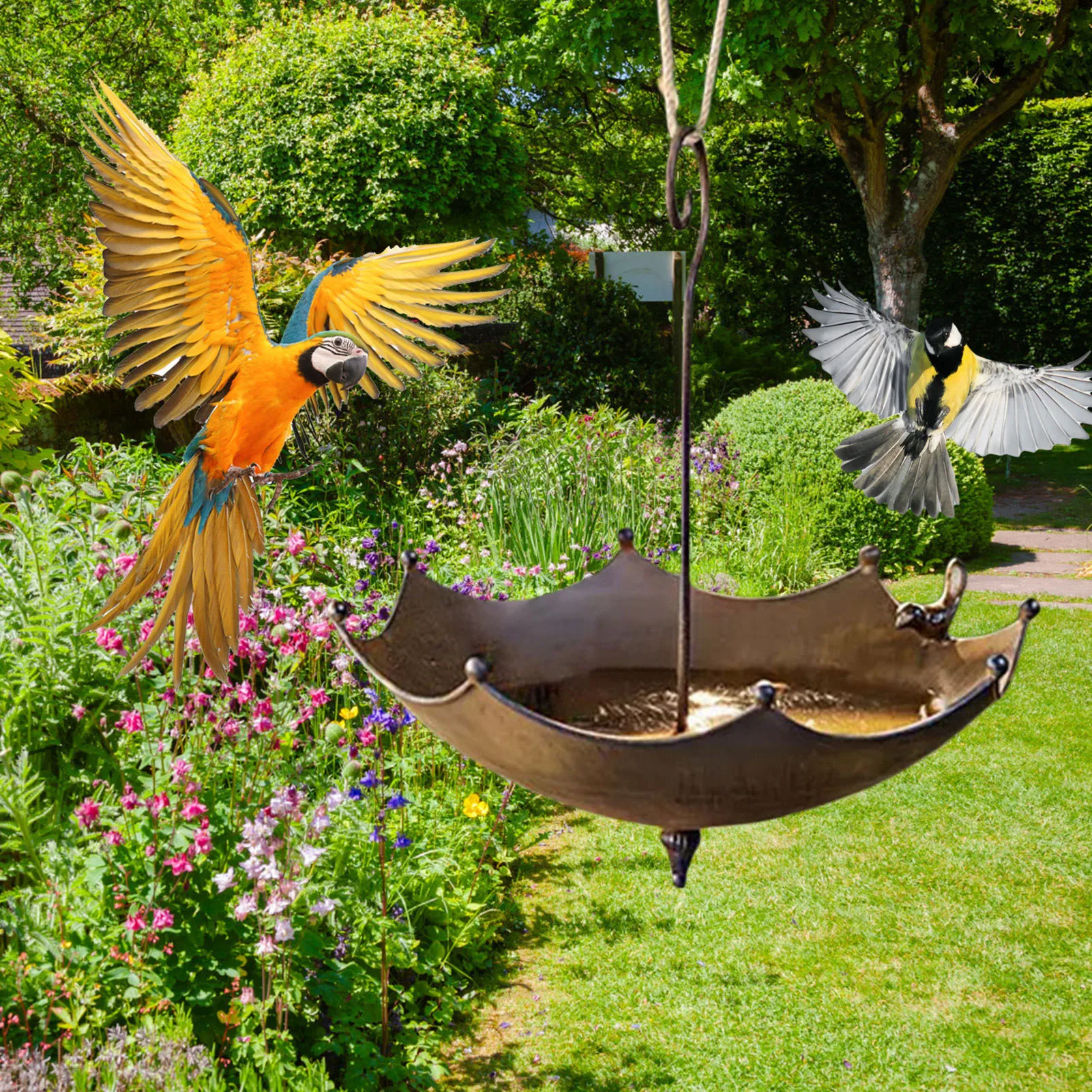 Umbrella-Shaped Bird Trough Outdoor Bird Feeder Tray Metal Umbrella-Shaped Bird Bath Feeder To In The Garden Outside Decoration