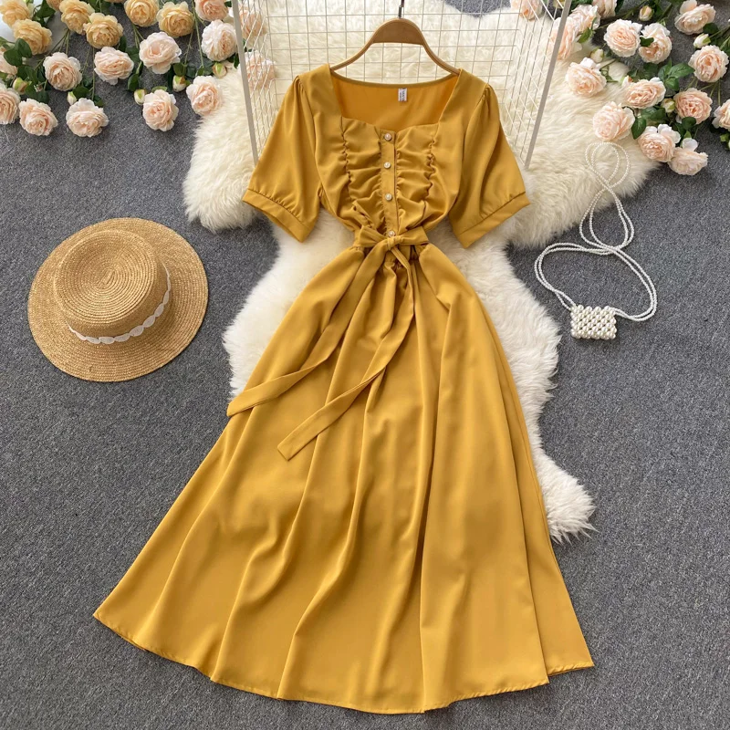 

Женское платье с завышенной талией, Элегантное Длинное тонкое платье в стиле ретро с квадратным вырезом и завязками, лето 2022