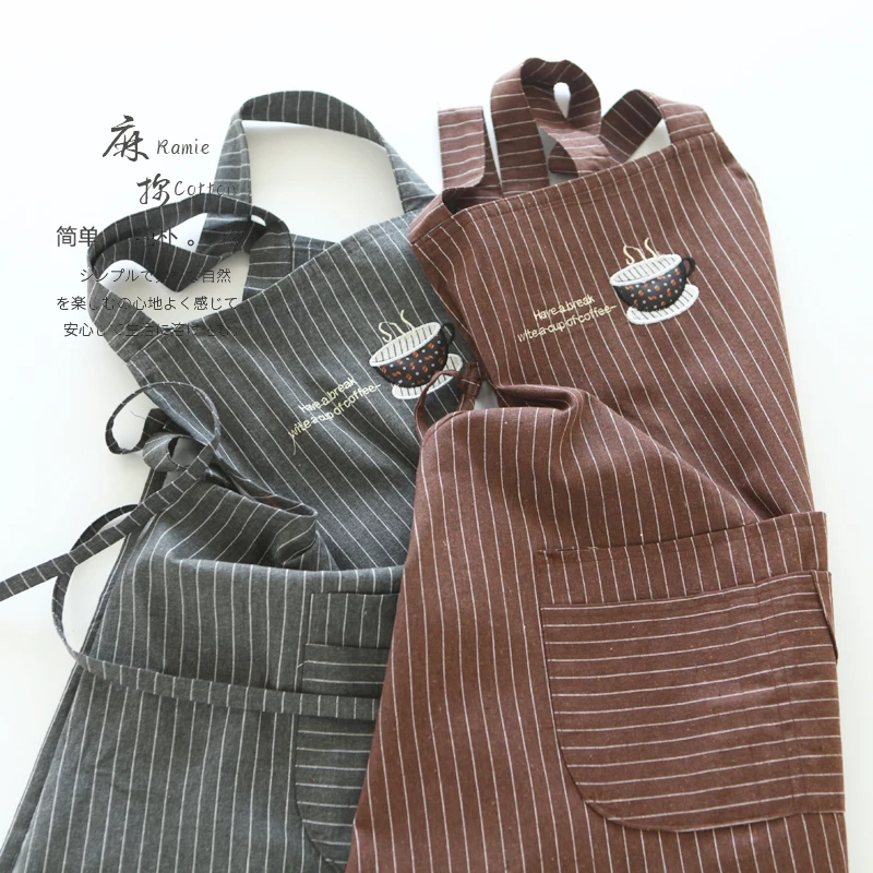 

Japanese simple linen and cotton striped apron home kitchen cooking men and women thickened double-layer waterproof cover apron