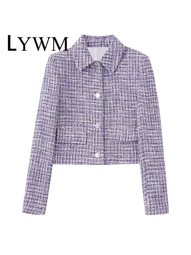 

LYWM Women Fashion Texture Plaid Single Breasted Blazer Vintage Long Sleeves Lapel Neck Female Chic Lady Outfits
