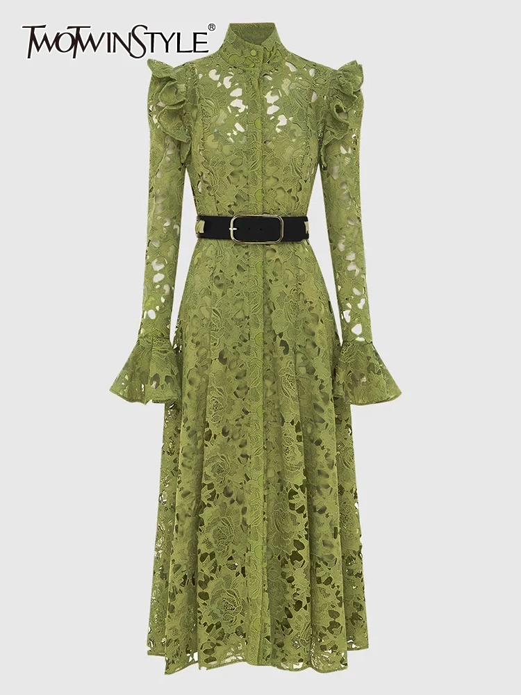 

TWOTWINSTYLE Solid Hollow Out Elegant A Line Dresses For Women Stand Collar Flare Sleeve High Waist Patchwork Belt Dress Female